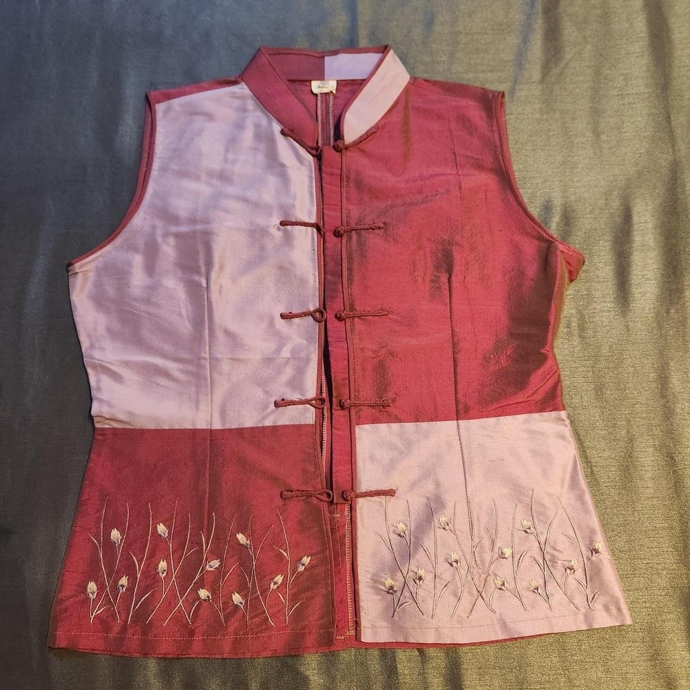 Vintage 100%‎ Silk Mandarin Collar Vest Plum Lavender Floral Embroidered Large